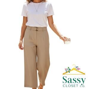 BCX Tan Wide Leg Pants Accent Belt Pull On Waist Poly Lined Size S NWT